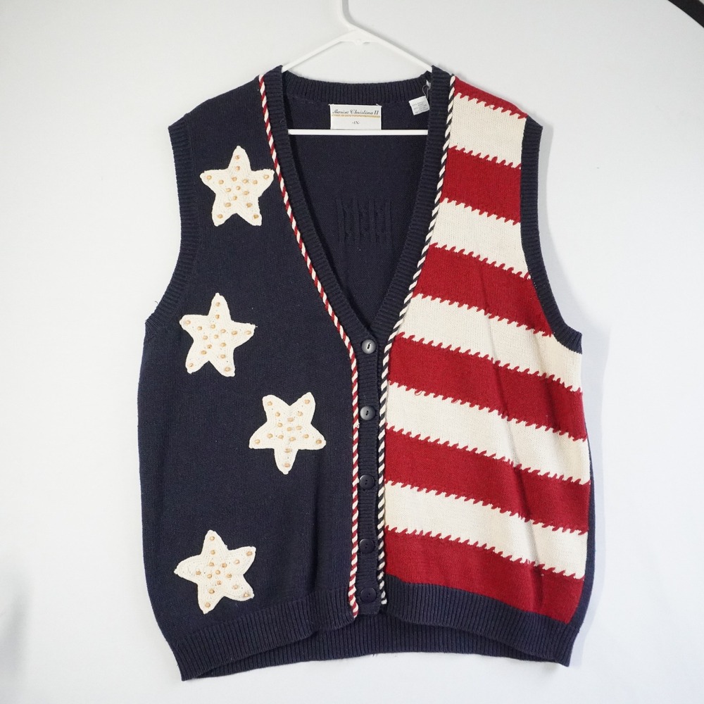Marisa Christina II Americana Star Stripe Sweater Vest Womens 1X Navy Red White